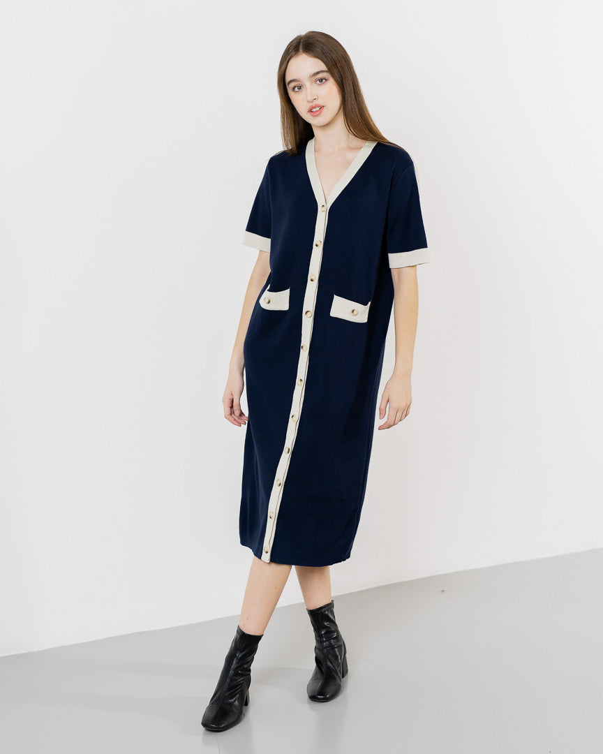 Riley Button Knit Navy Dress – Gaun Midi Wanita Kekinian