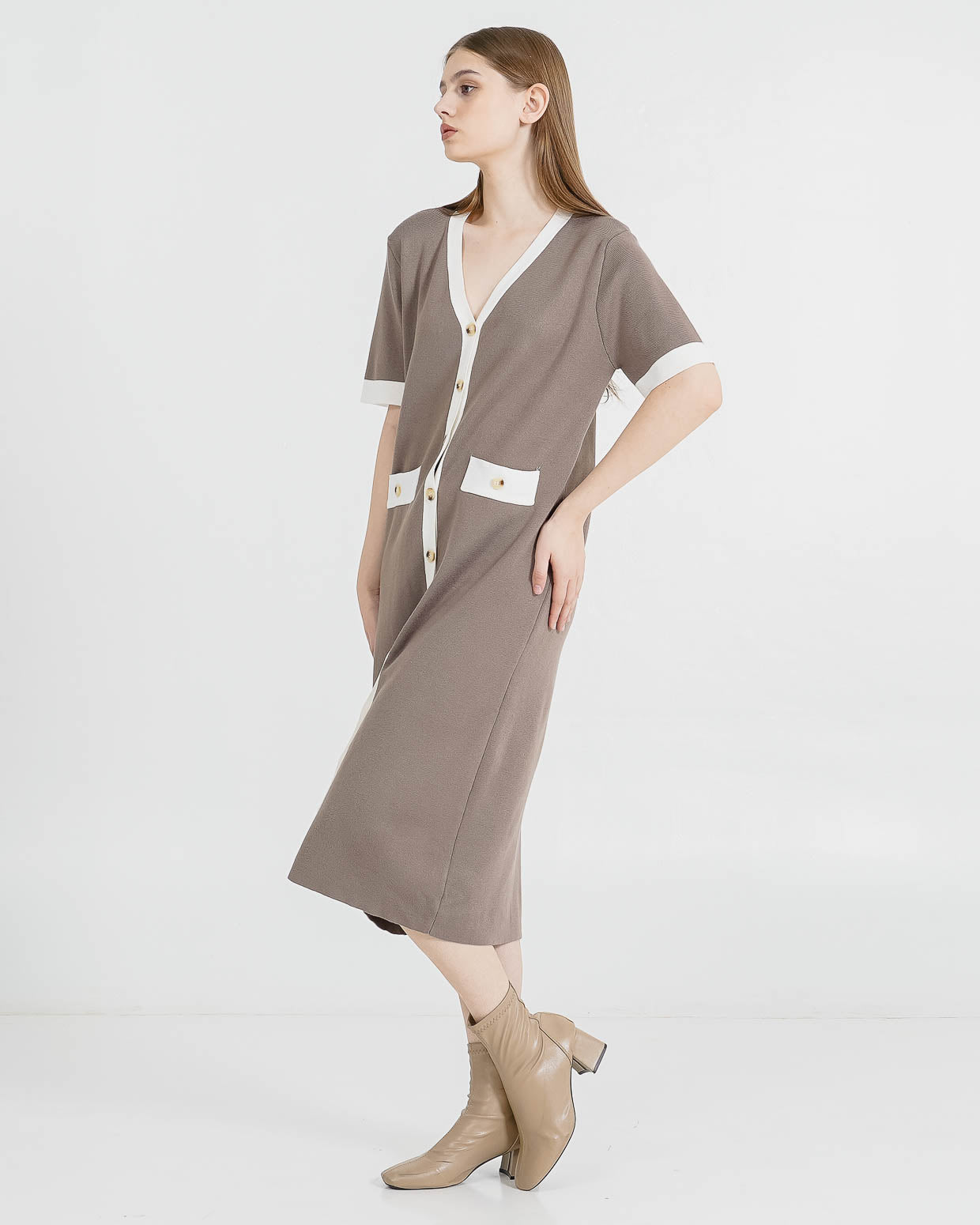 Riley Button Knit Taupe Dress – Gaun Wanita Kekinian