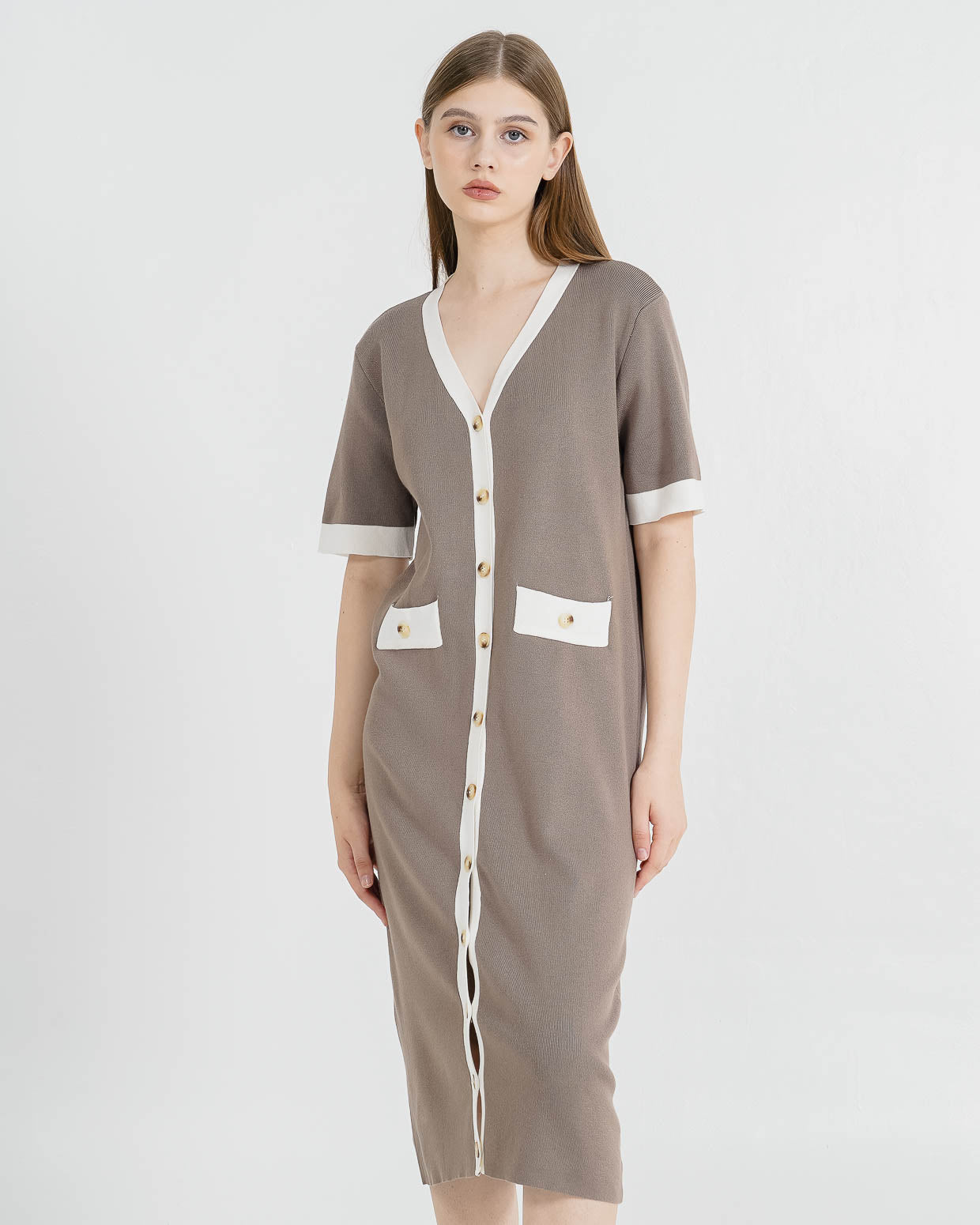 Riley Button Knit Taupe Dress – Gaun Wanita Kekinian