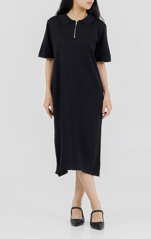 Chiara Zipper Knit Black Dress –  Gaun Midi Casual Wanita