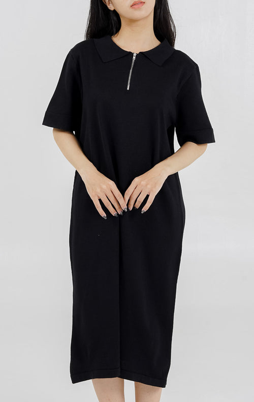 Chiara Zipper Knit Black Dress –  Gaun Midi Casual Wanita