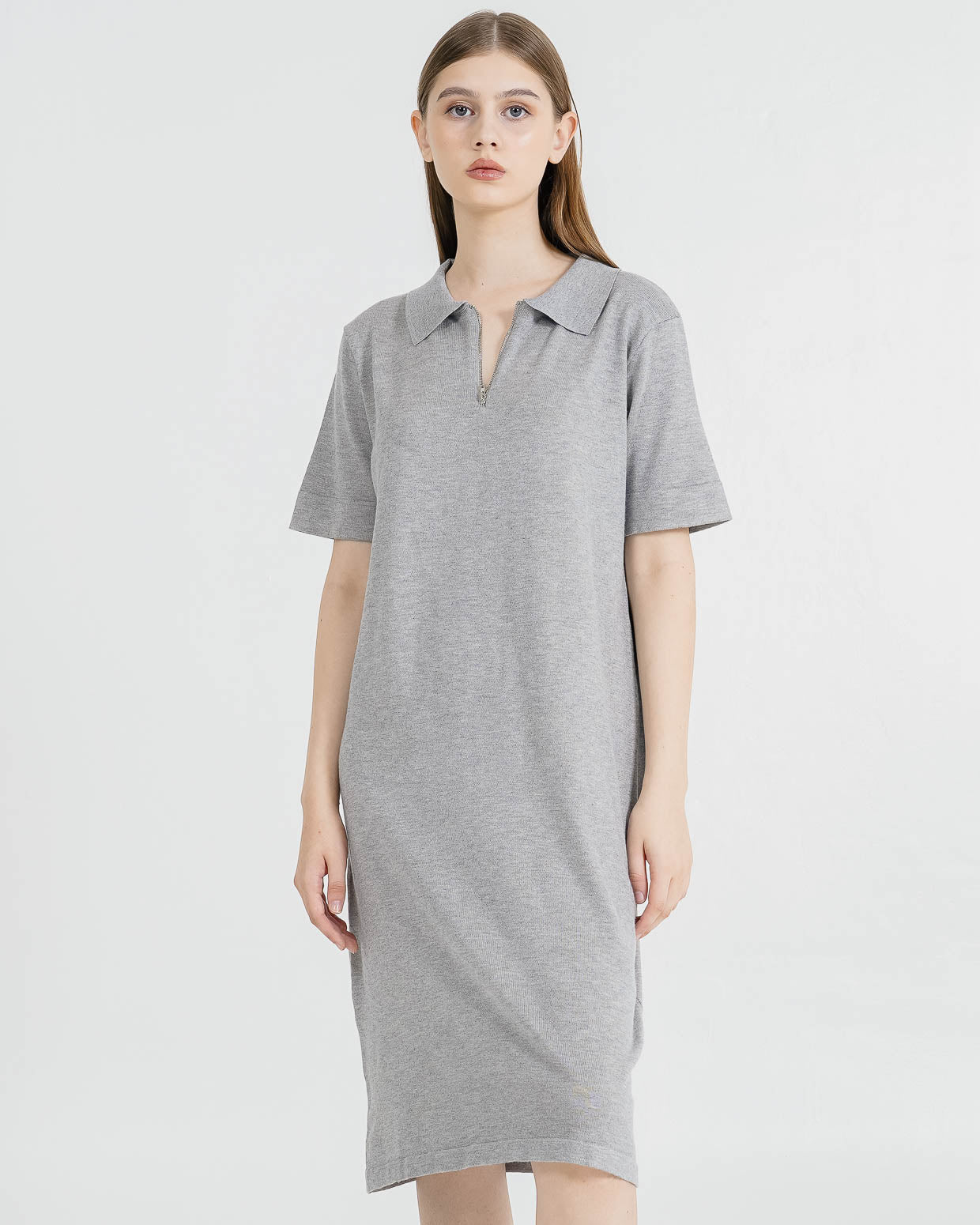 Chiara Zipper Knit Grey Dress –  Gaun Midi Wanita Casual