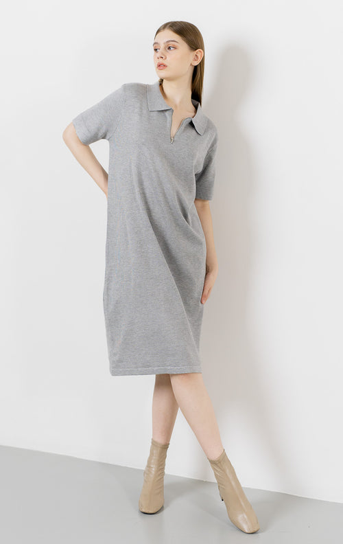 Chiara Zipper Knit Grey Dress –  Gaun Midi Wanita Casual