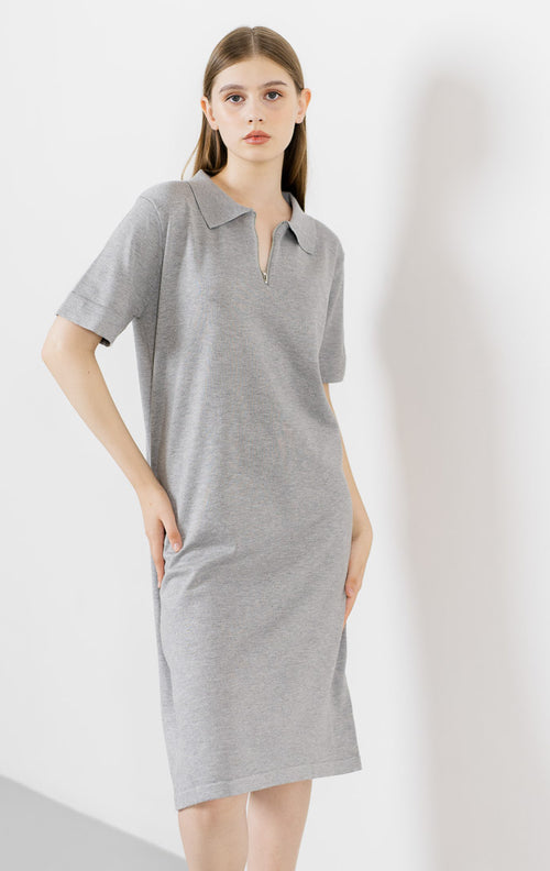 Chiara Zipper Knit Grey Dress –  Gaun Midi Wanita Casual