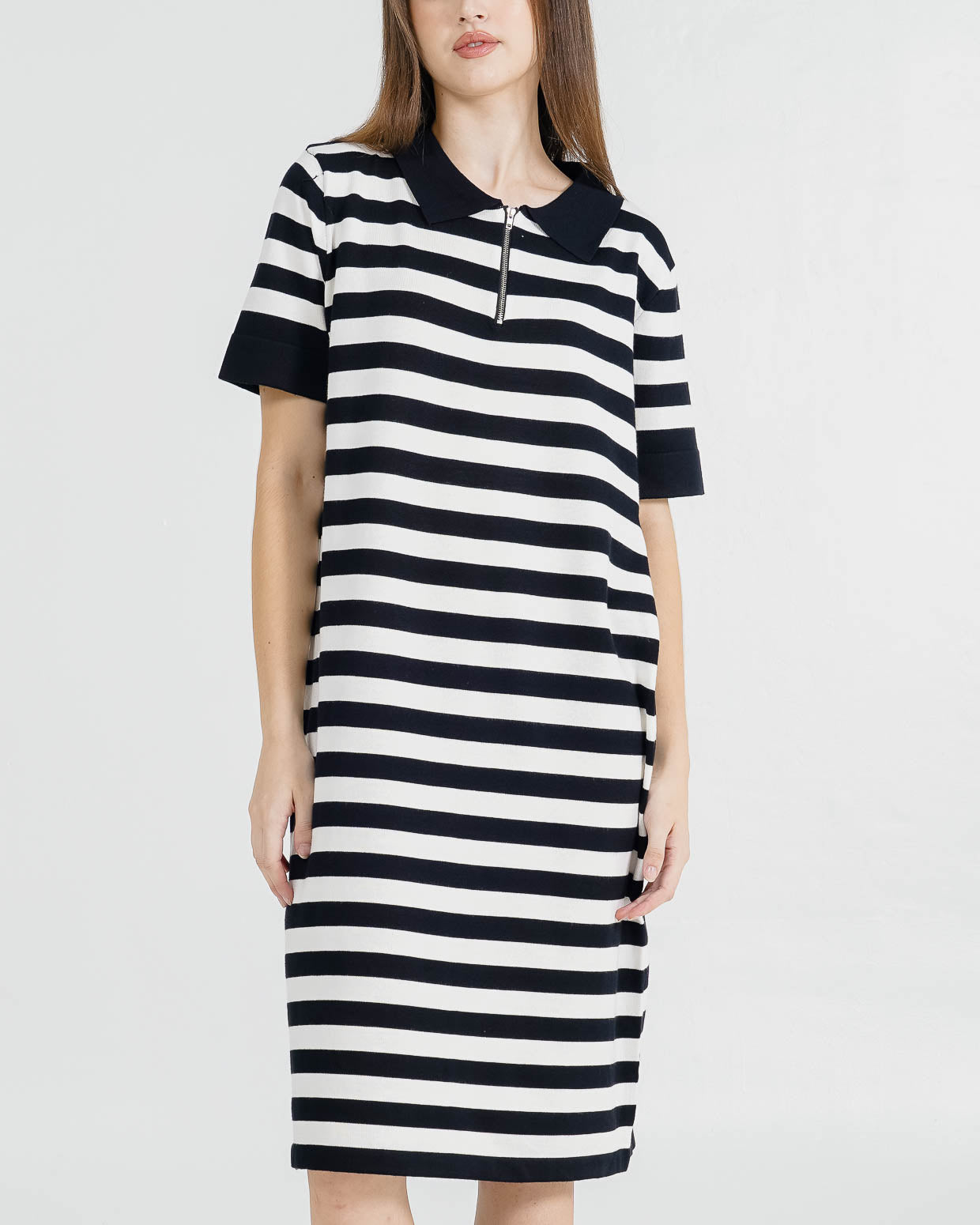 Chiara Zipper Knit Black Striped Dress – Gaun Midi Wanita Casual