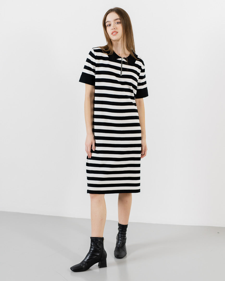 Chiara Zipper Knit Black Striped Dress – Gaun Midi Wanita Casual