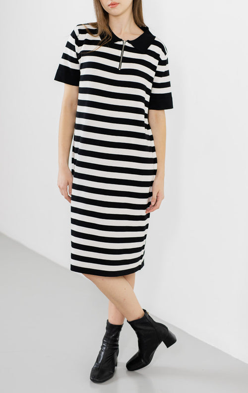 Chiara Zipper Knit Black Striped Dress – Gaun Midi Wanita Casual