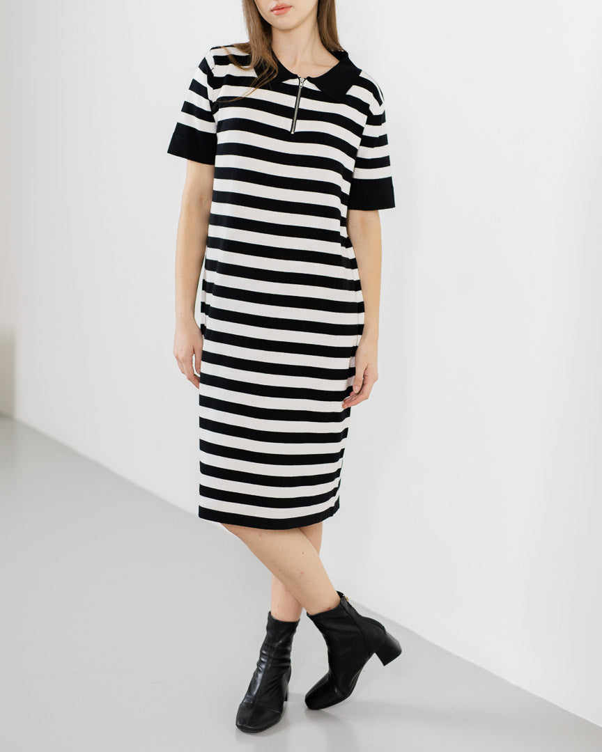 Chiara Zipper Knit Black Striped Dress – Gaun Midi Wanita Casual