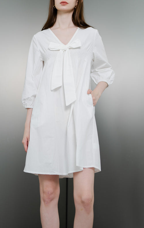 Graciela Ribbon White Dress  - Dress Wanita Pita Depan Lengan Panjang - 789201