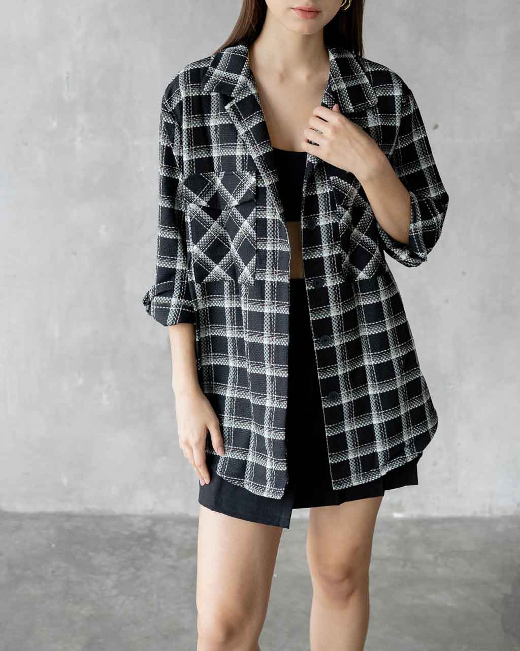 Yasmin Tweed Oversize Black Shirt - 187943