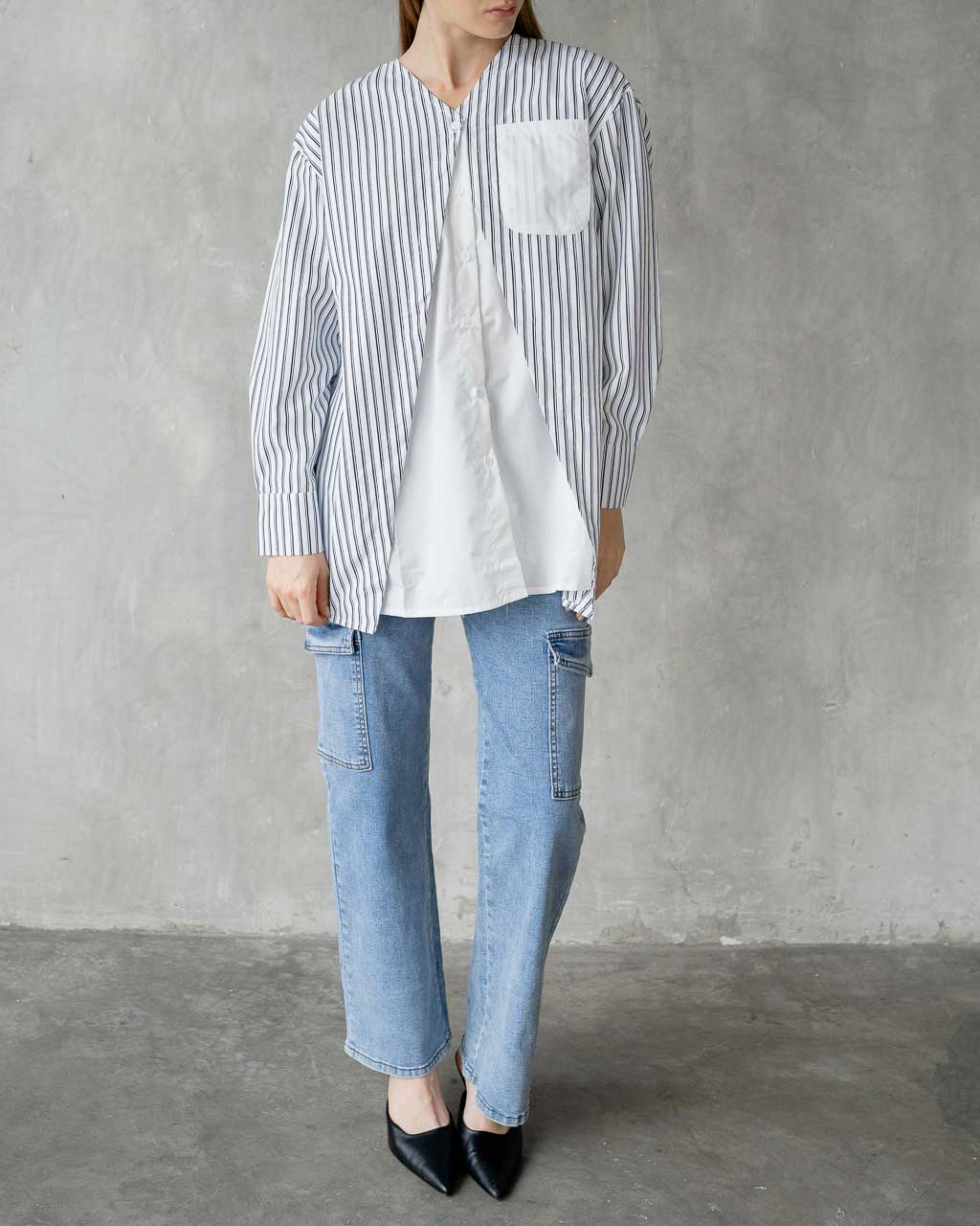 Malene Stripped Combination White Shirt - 187208