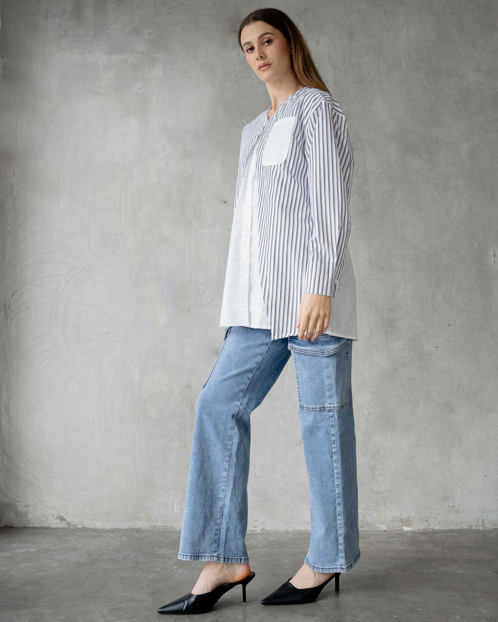 Malene Stripped Combination White Shirt - 187208