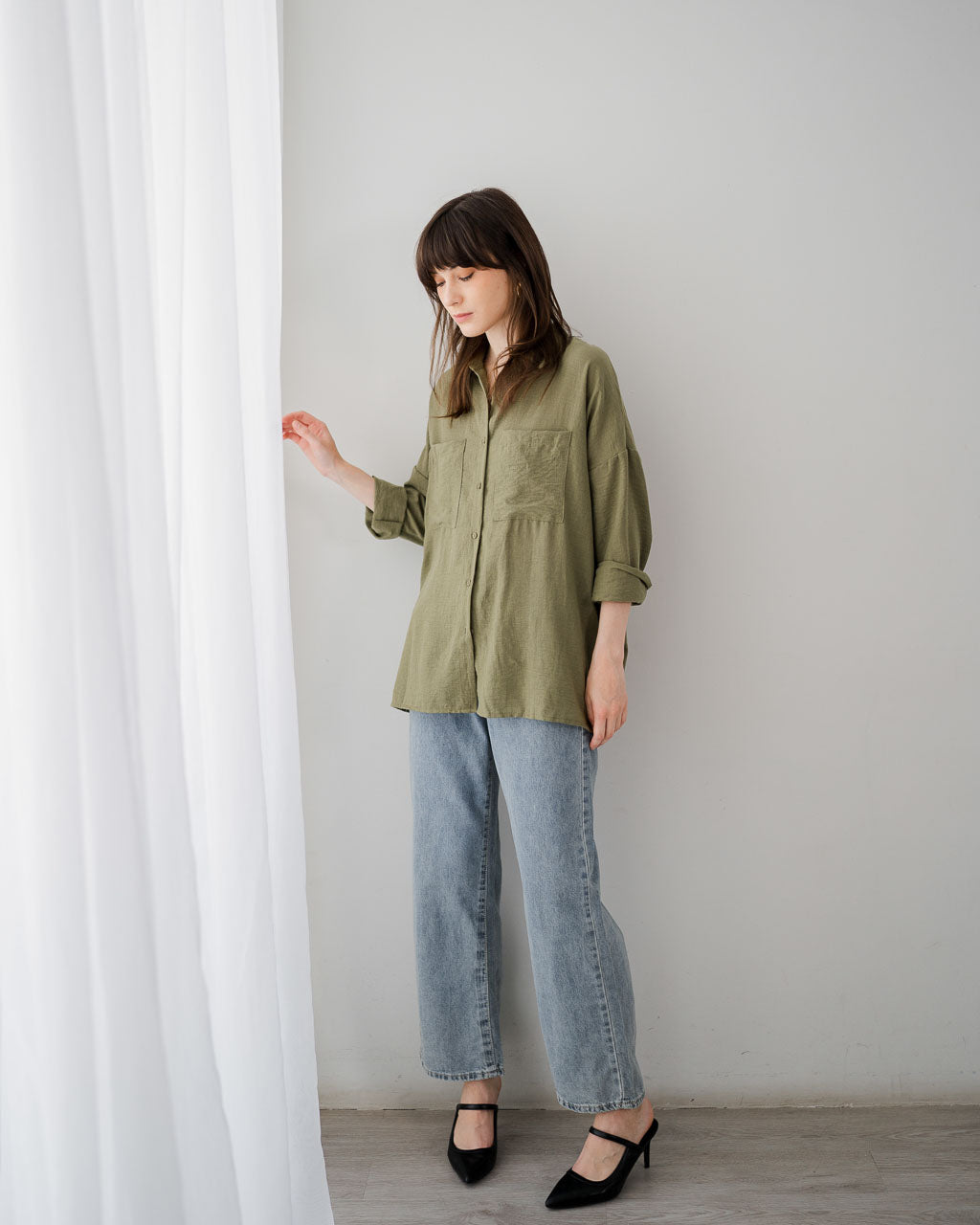 Xyra Oversized Linen Green Army Shirt – 186313