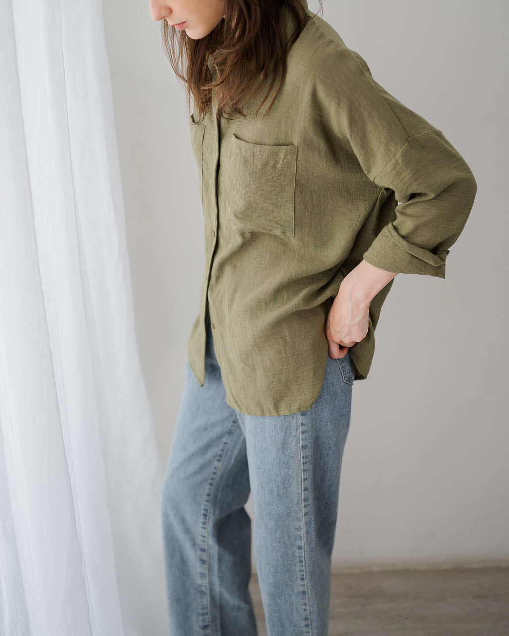 Xyra Oversized Linen Green Army Shirt – 186313