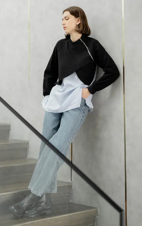 Aubrey Mixed Zipper Top – Kemeja Wanita Lengan Panjang - 188308
