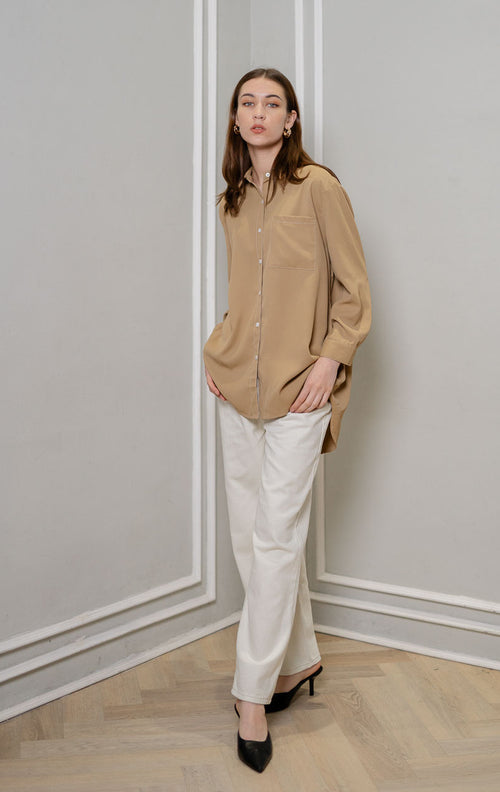 Azra Oversized Stitches Brown Shirt – Atasan Casual Wanita - 188923
