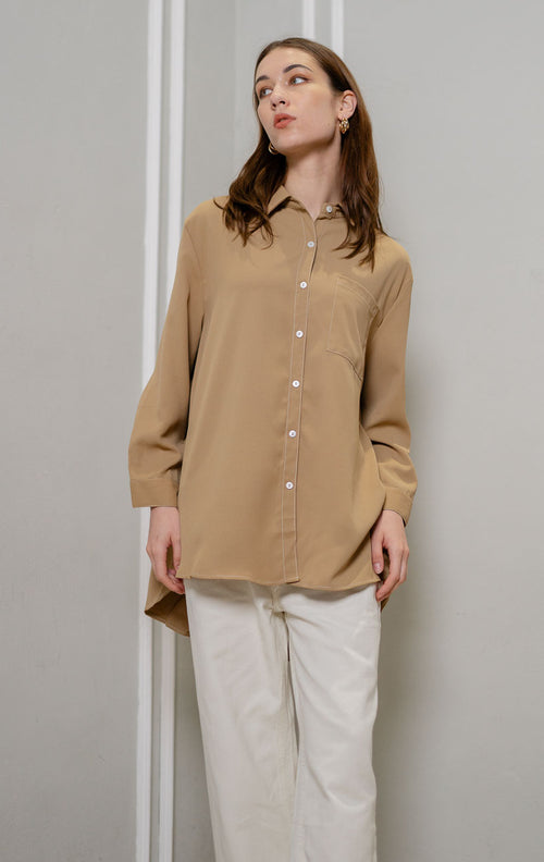 Azra Oversized Stitches Brown Shirt – Atasan Casual Wanita - 188923
