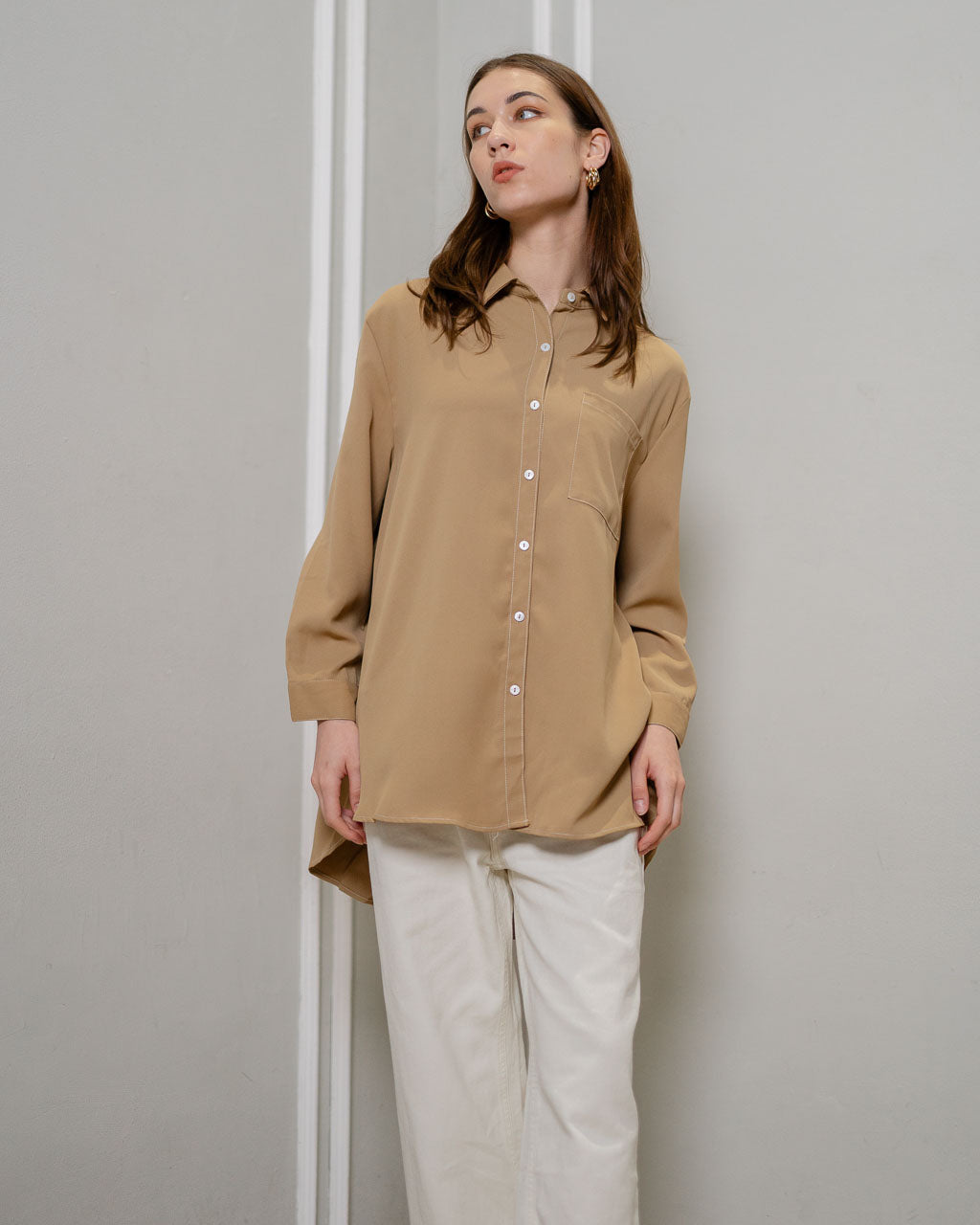 Azra Oversized Stitches Brown Shirt – Atasan Casual Wanita - 188923