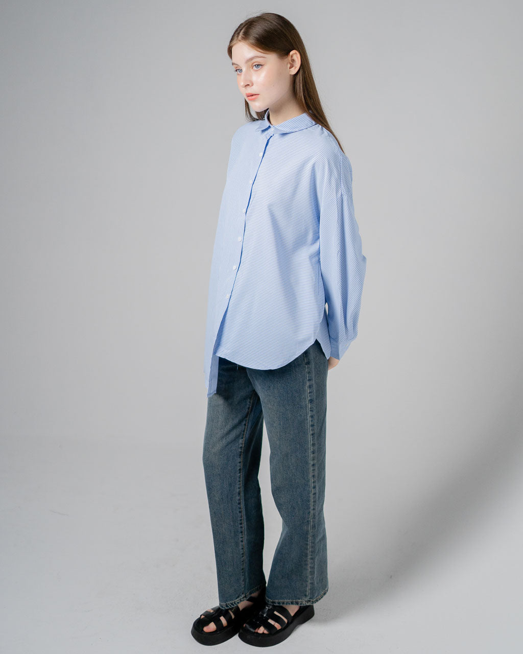 Elara Asymmetric Oversized Stripped Blue Shirt – Top Casual Wanita - 188938