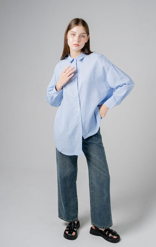 Elara Asymmetric Oversized Striped Blue Shirt – Top Casual Wanita - 188938