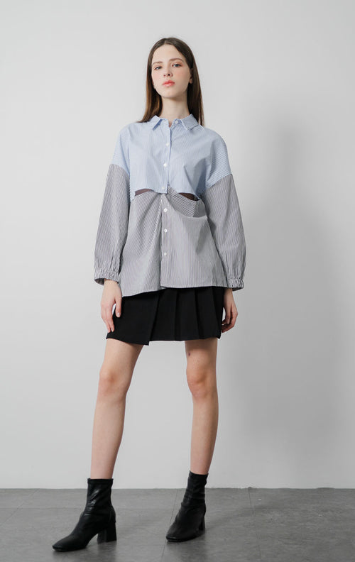 Katarina Asymmetrical Cut-Out Blue Shirt – Kemeja Lengan Panjang Wanita - 188919