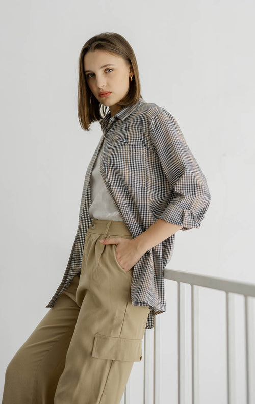 Anna Oversized Gingham Brown Shirt - Kemeja Wanita Lengan Panjang - 188900