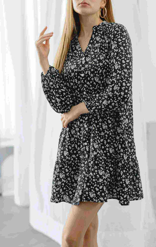 Berta Printed Flowery Black Ruffle Dress – 786907