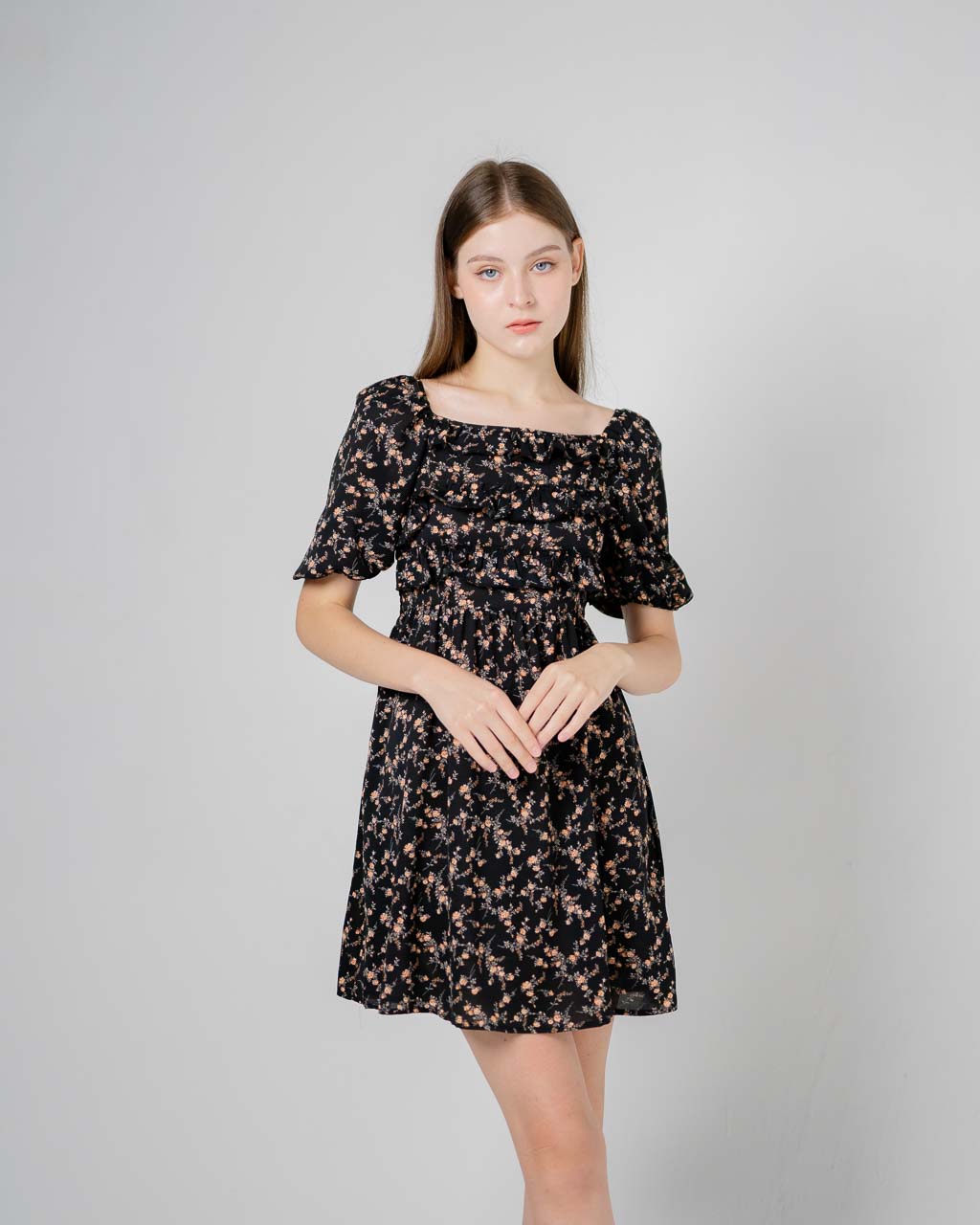 Lily Printed Puff Sleeve Midi Black Dress – Dress Casual Wanita - 788949