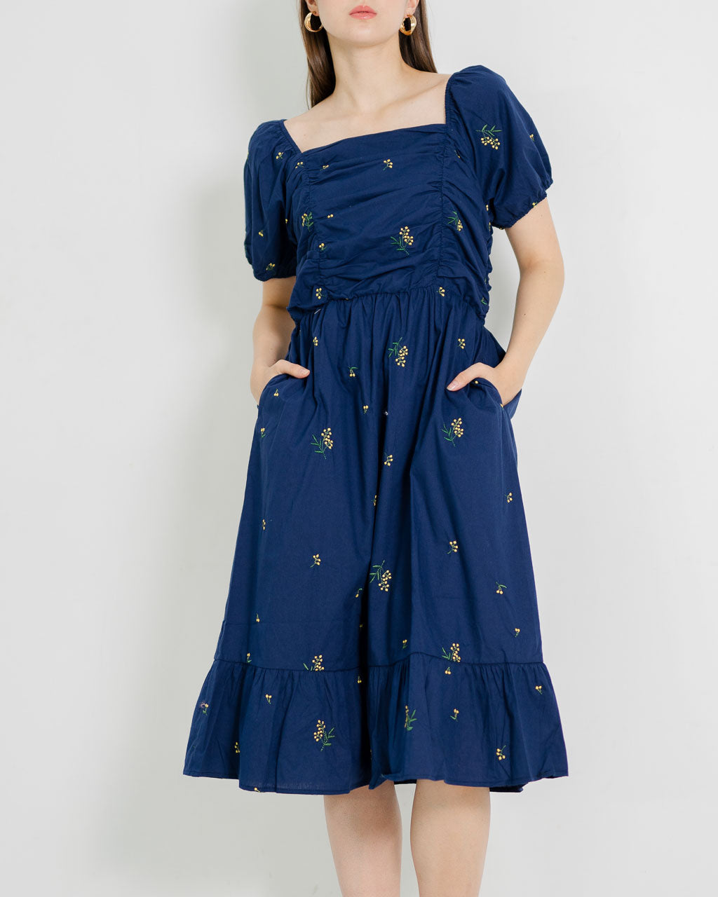 Plumeria Flower Embroidery Puff Navy Dress – Gaun Wanita Casual - 788933