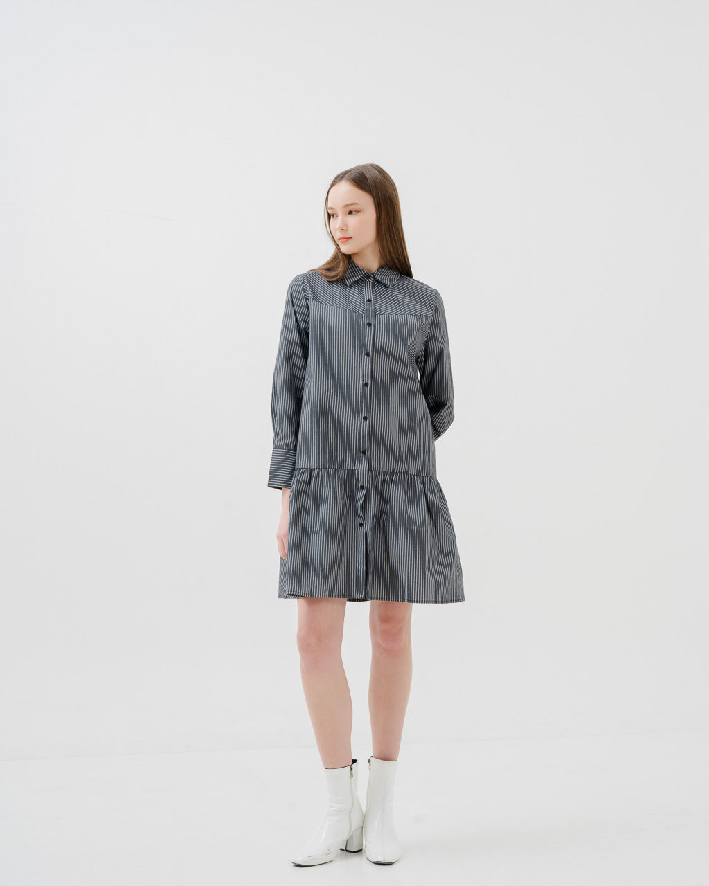 Orlia Stripped Shirt Grey Dress – Gaun Casual Wanita - 788325