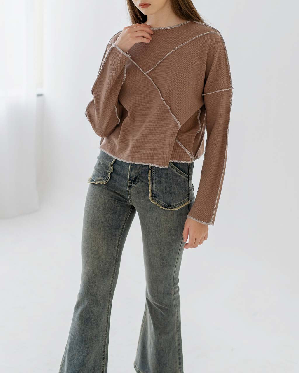 Roxane Oversized Stitches Brown Top – 188201