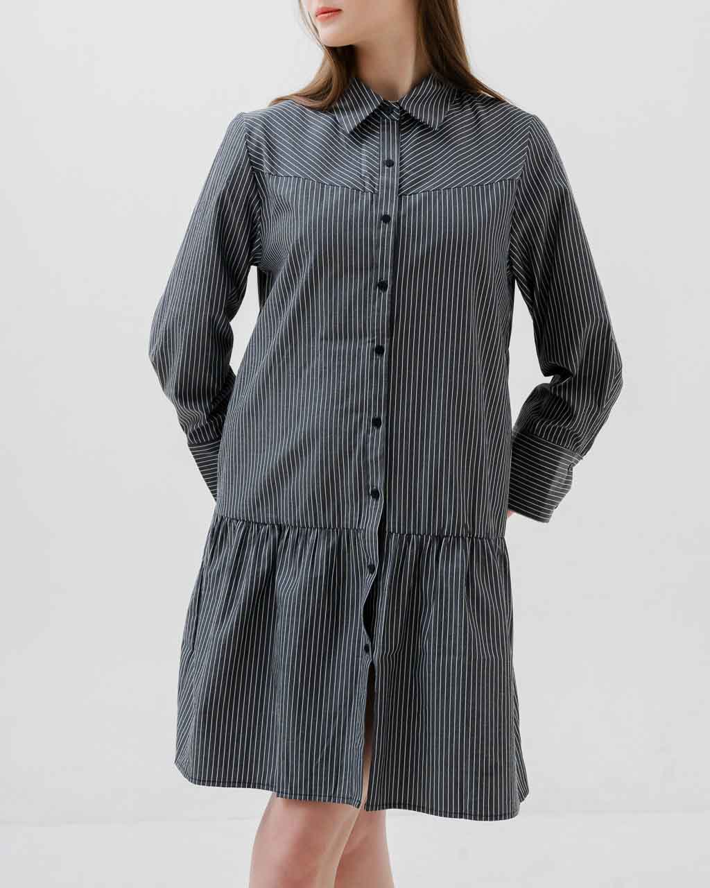 Orlia Stripped Shirt Grey Dress – Gaun Casual Wanita - 788325