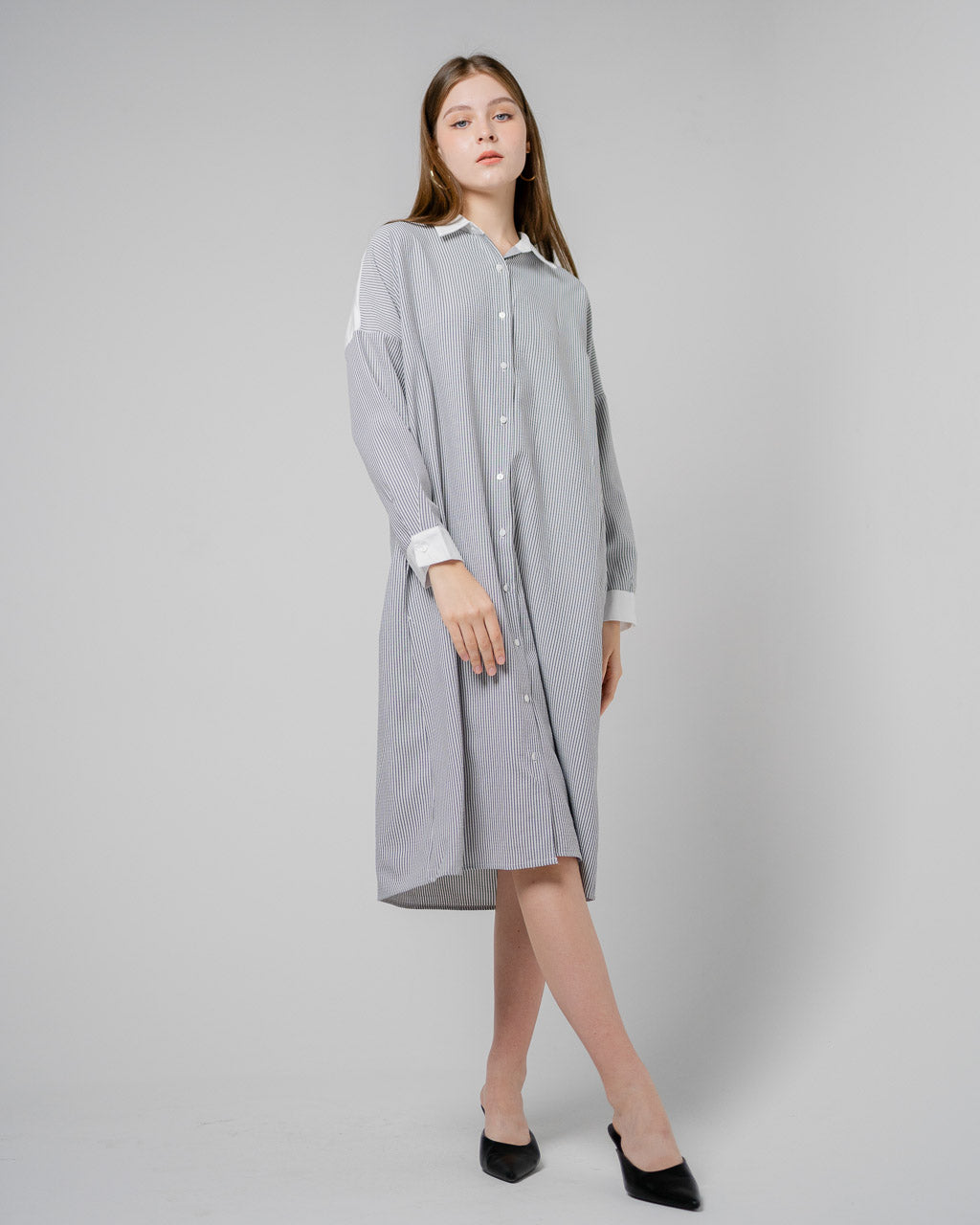 Casare Oversized Stripped Long Grey Shirt – Dress Casual Wanita - 788335