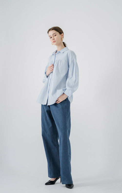 Cory Oversized Stripped Blue Shirt – Blouse Wanita lengan Panjang - 188337
