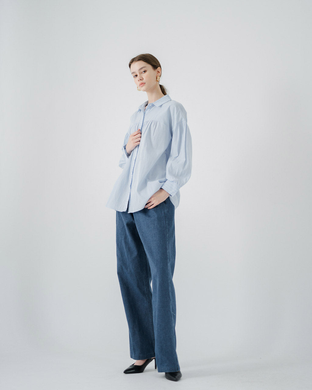 Cory Oversized Stripped Blue Shirt – Blouse Wanita lengan Panjang - 188337