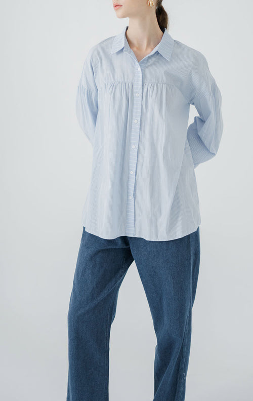 Cory Oversized Striped Blue Shirt – Blouse Wanita lengan Panjang - 188337