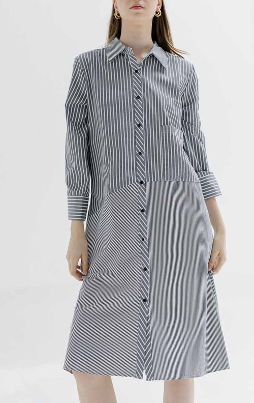 Josephine Stripped Grey Dress – Casual Gaun Wanita - 788304