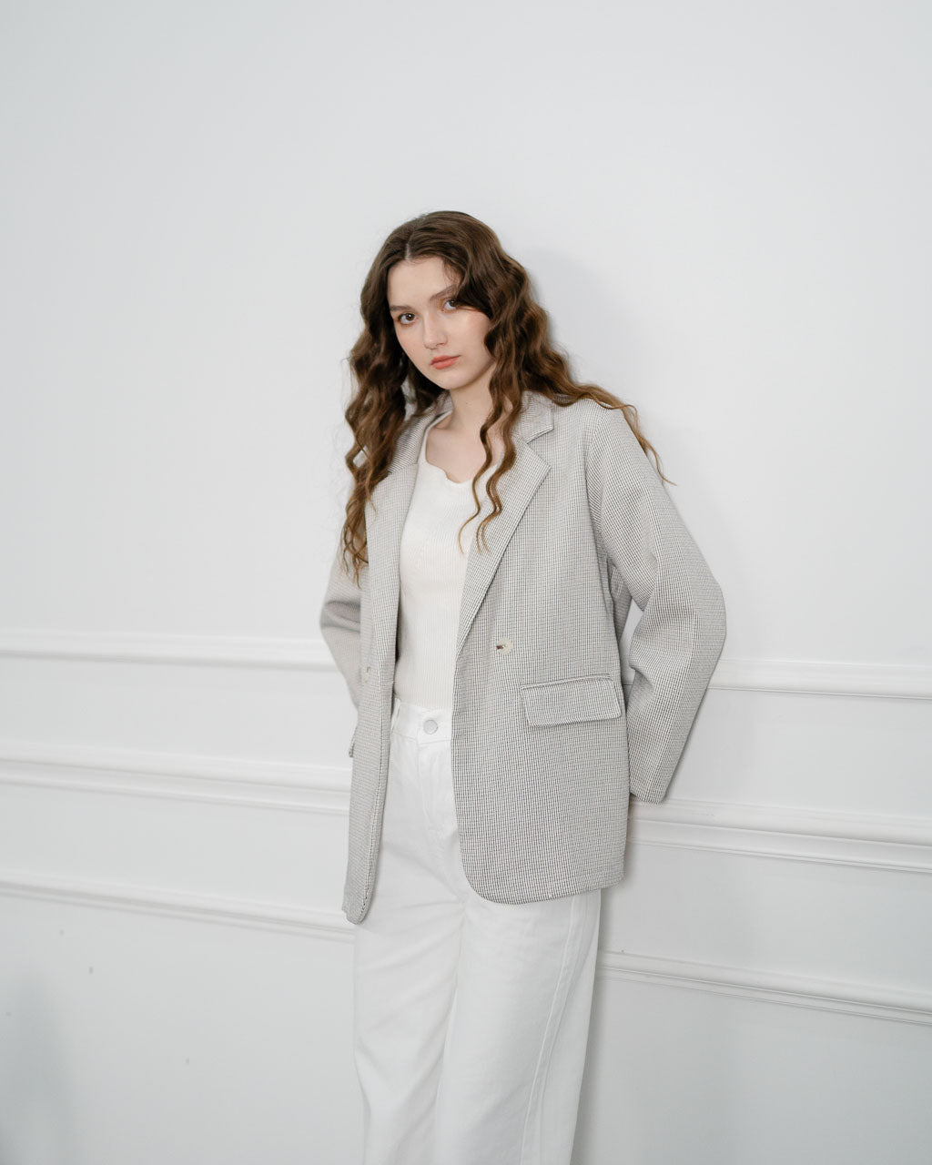 Emily Oversized Tweed White Blazer – Outer Formal - 188613