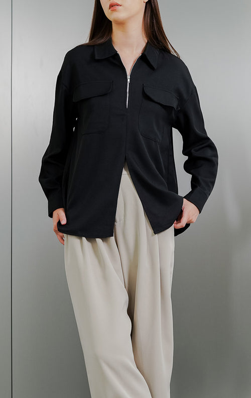 Agnes Pockets Zipper Black Top - Baju Atasan Wanita Kekinian