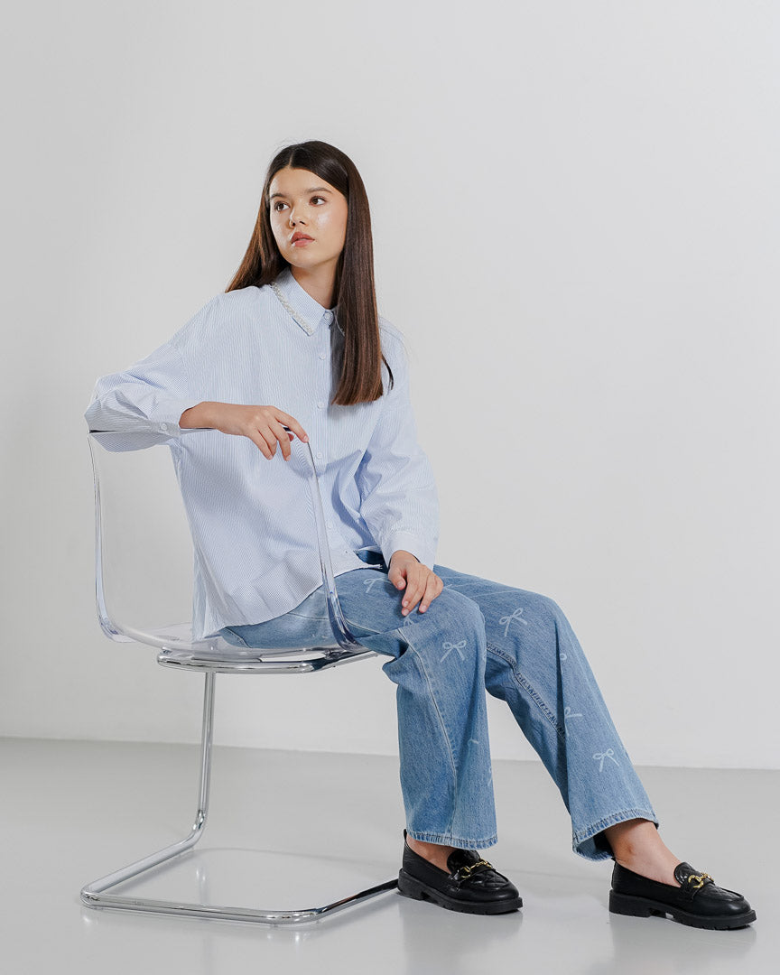 Joselle Oversize Shirt Blue - Baju Atasan Wanita Lengan Panjang Hijab Friendly