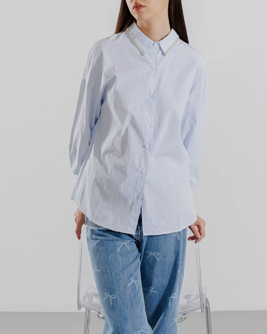 Joselle Oversize Shirt Blue - Baju Atasan Wanita Lengan Panjang Hijab Friendly