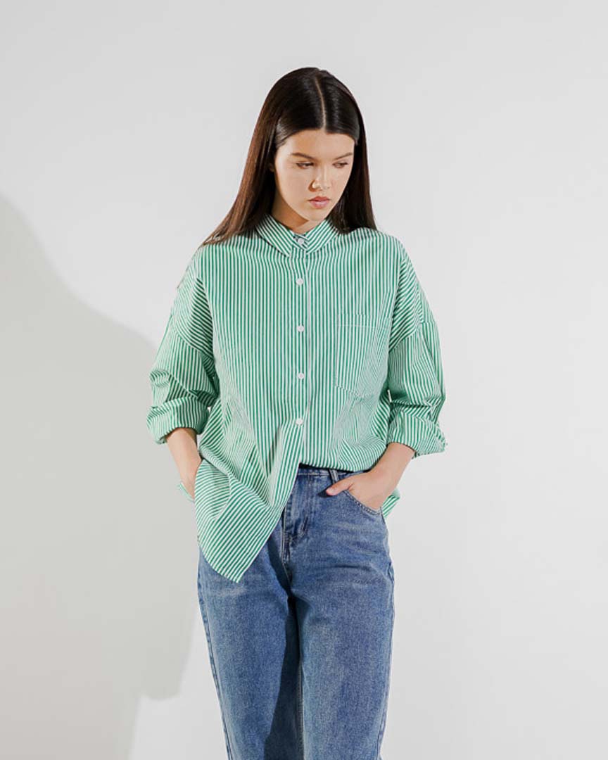 Amanda Oversized Stripe Green Shirt - Baju Atasan Wanita Lengan Panjang ( RESTOCK )