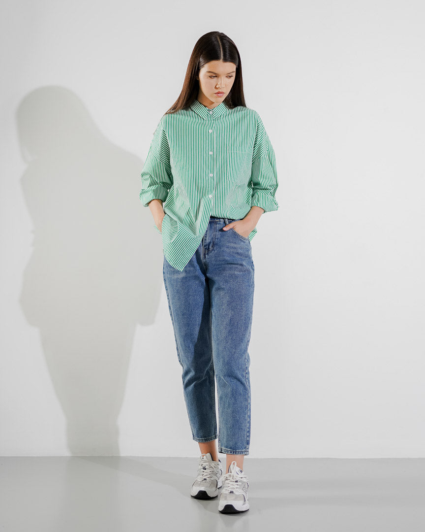 Amanda Oversized Stripe Green Shirt - Baju Atasan Wanita Lengan Panjang ( RESTOCK )