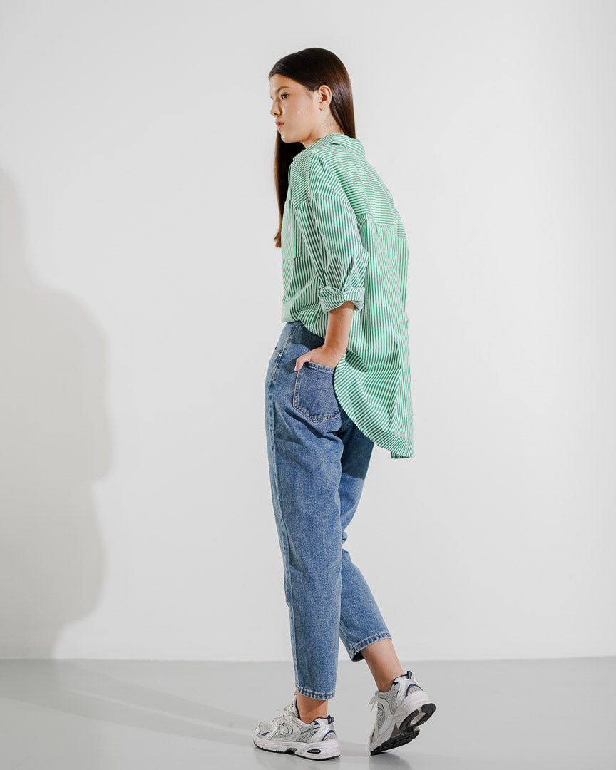 Amanda Oversized Stripe Green Shirt - Baju Atasan Wanita Lengan Panjang ( RESTOCK )