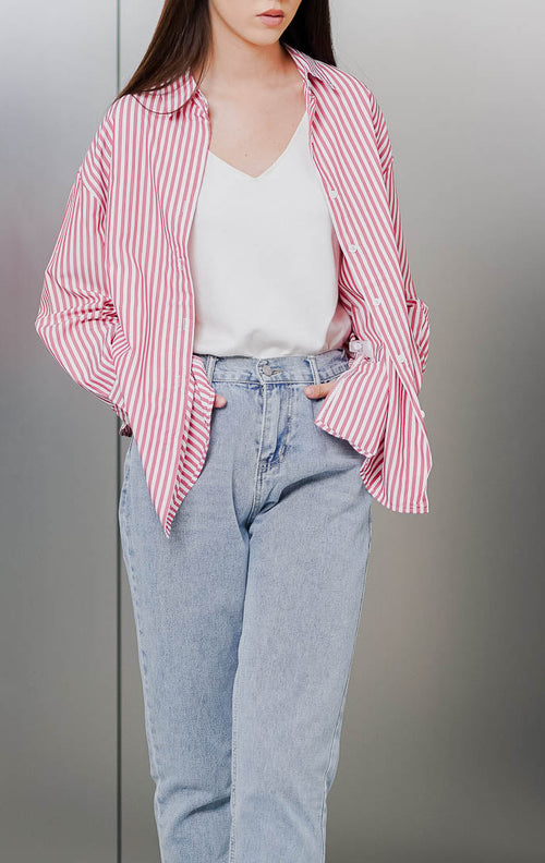 Chana Oversized Striped Red Shirt - Baju Atasan Kemeja Wanita Lengan Panjang - 190225