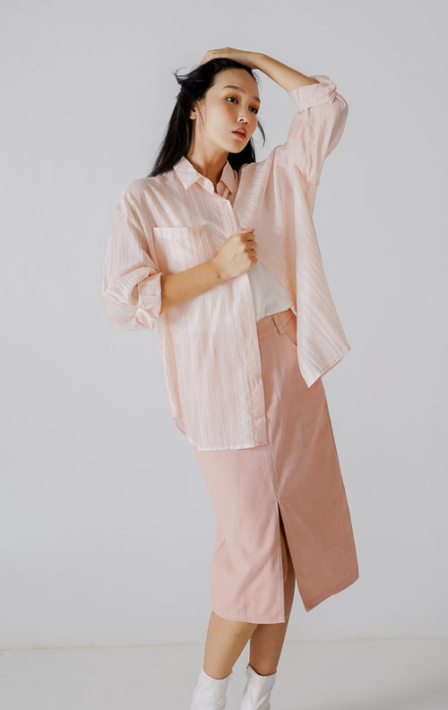 Alby Textured Sheer Pink Shirt – Kemeja Casual Wanita See Trough - 189967