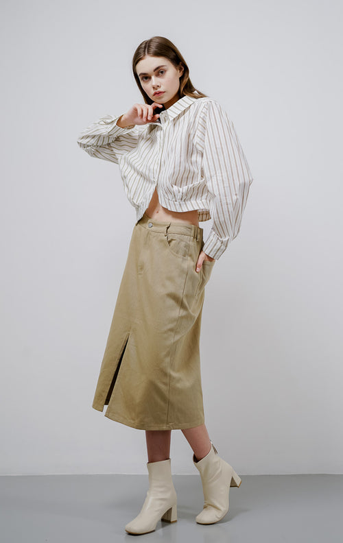 Michelle Striped Crop Brown Shirt – Baju Atasan Kemeja Wanita Casual - 189707