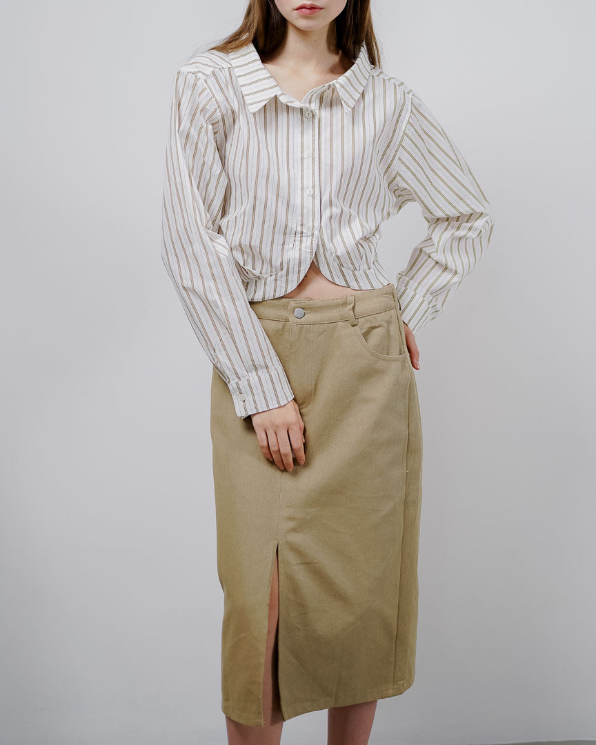 Michelle Striped Crop Brown Shirt – Baju Atasan Kemeja Wanita Casual - 189707