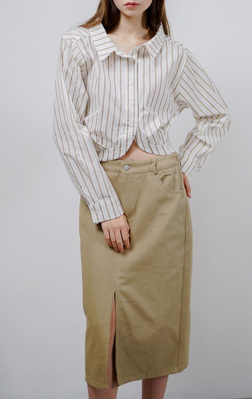 Michelle Striped Crop Brown Shirt – Baju Atasan Kemeja Wanita Casual - 189707