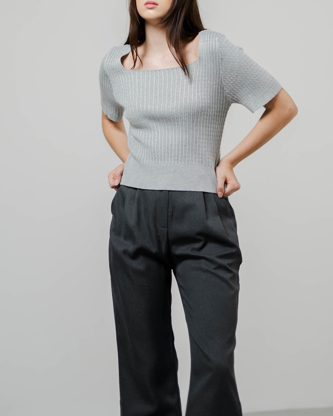 Beluna Square Knit Grey Top – Atasan Rajut Wanita - 189364